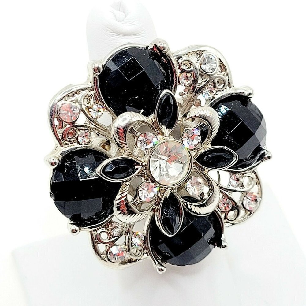 Large Rhinestone Statement Stretch Ring Silver Tone Black & Clear Stones Sz 6&Up